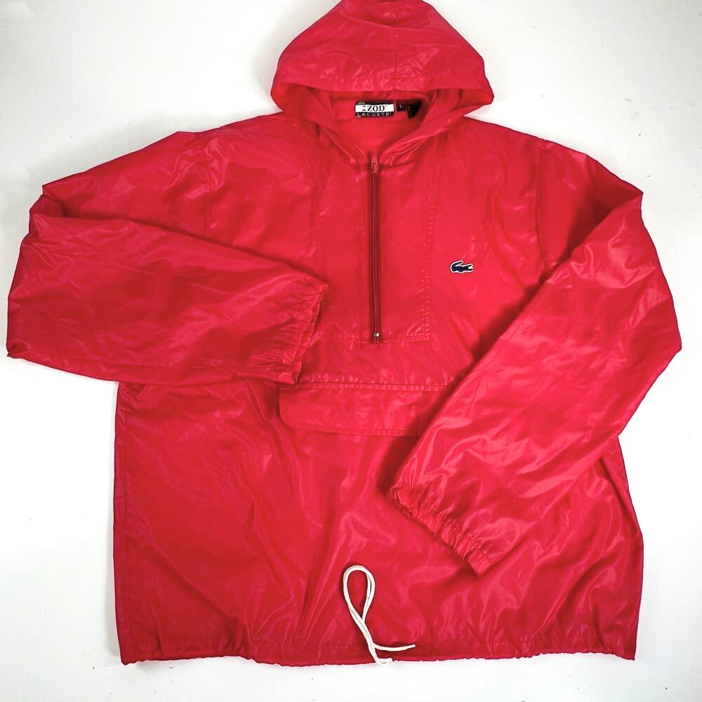 Vintage IZOD Lacoste Windbreaker Jacket Red 1/4 Zip Hood Drawstring Logo L
